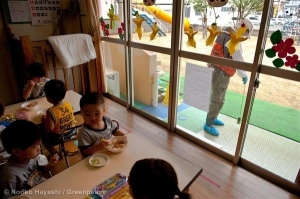 You can't be too careful. Little ones spend most of the day indoors at many nursery schools in Fukushima. Outside, radiation levels are being checked (photo courtesy of Greenpeace).